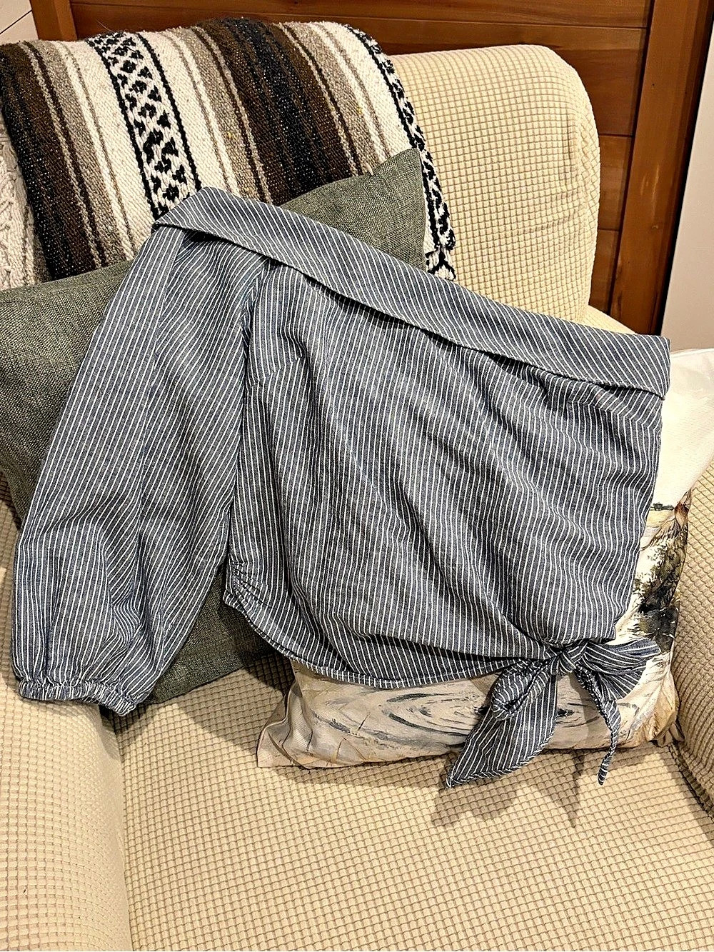 Free People Size 10 Blue Striped One Shoulder Linen Blend Crop Top